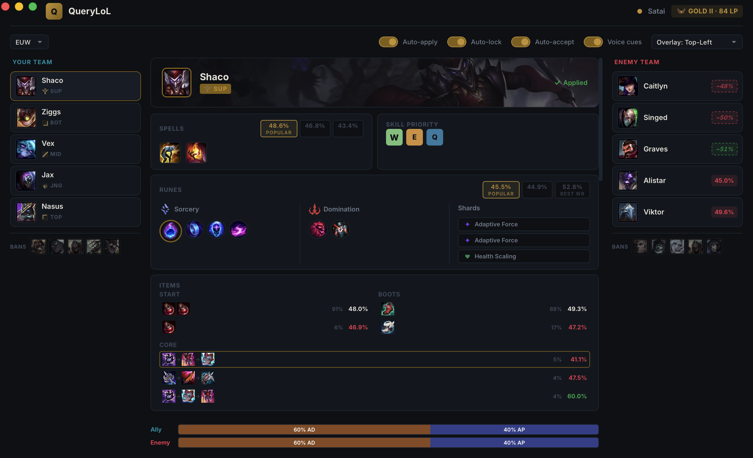 Champion select with auto-applied build, draft intelligence and damage composition