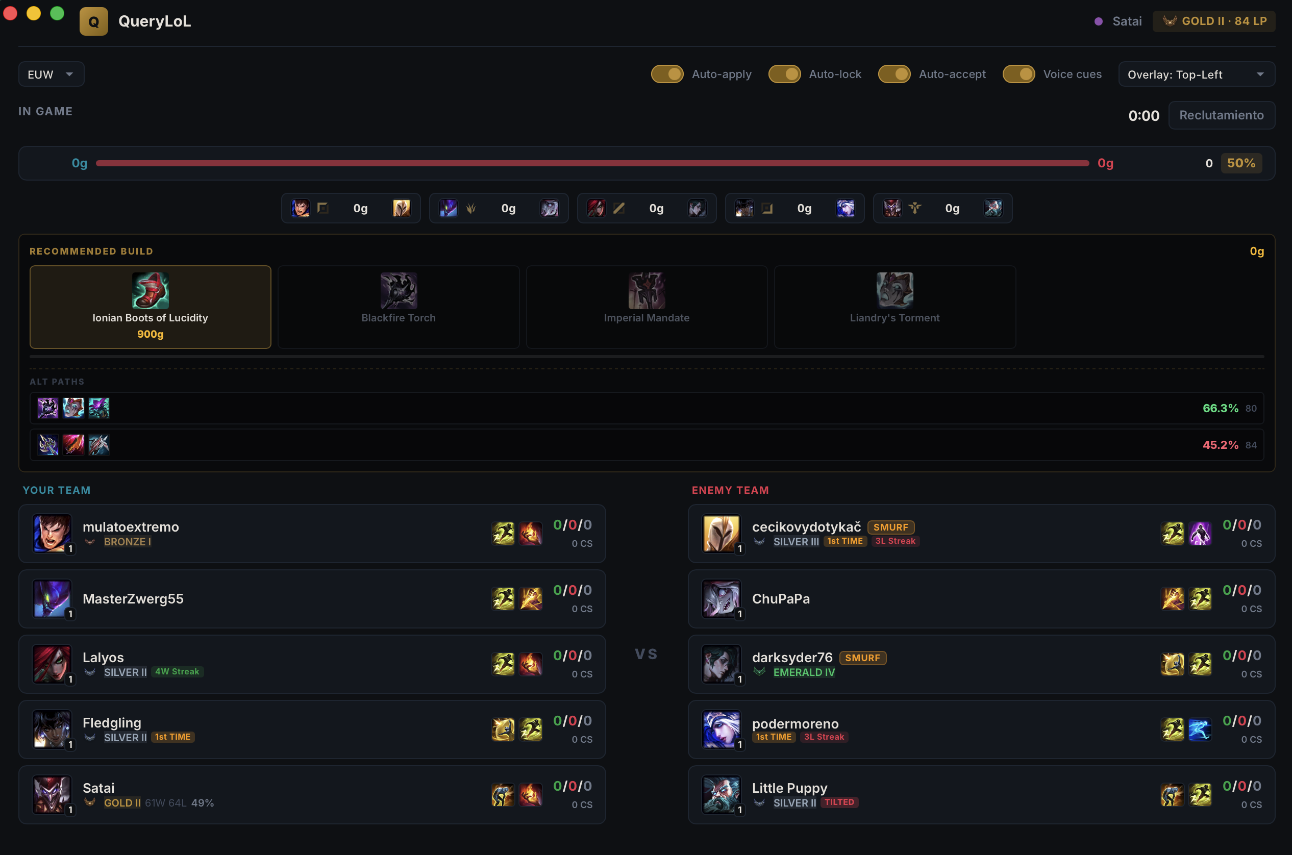 QueryLoL live game overlay with scoreboard, win probability, and recommended build