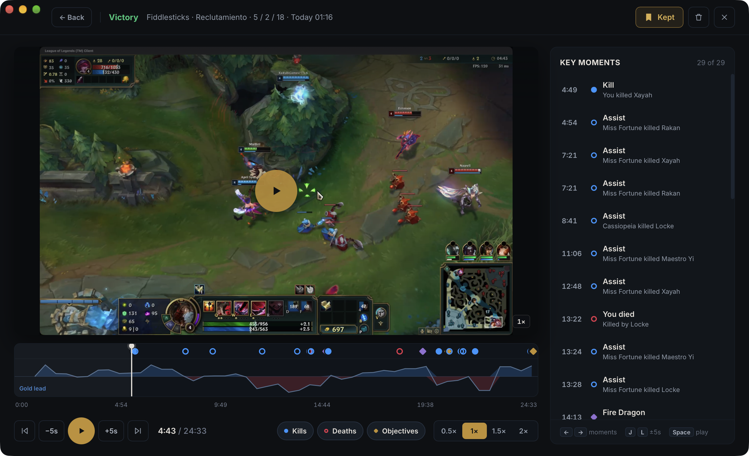 QueryLoL recording review player with kills, deaths and objectives marked over the gold-lead curve